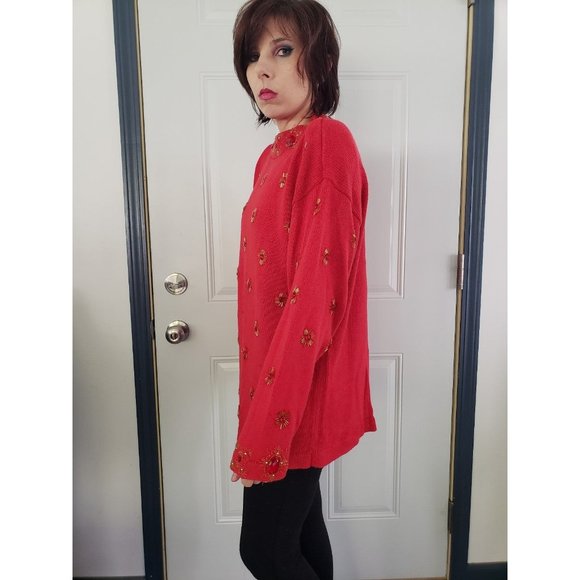 80s Red and Gold Beaded‎ Sweater - Picture 2 of 5